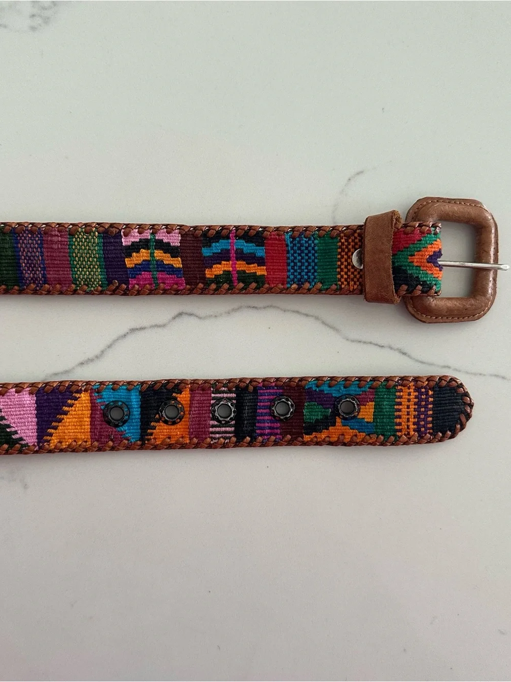 Anthropologie Vintage Embroidered Leather Belt Camel Multicolor Size 32 / M